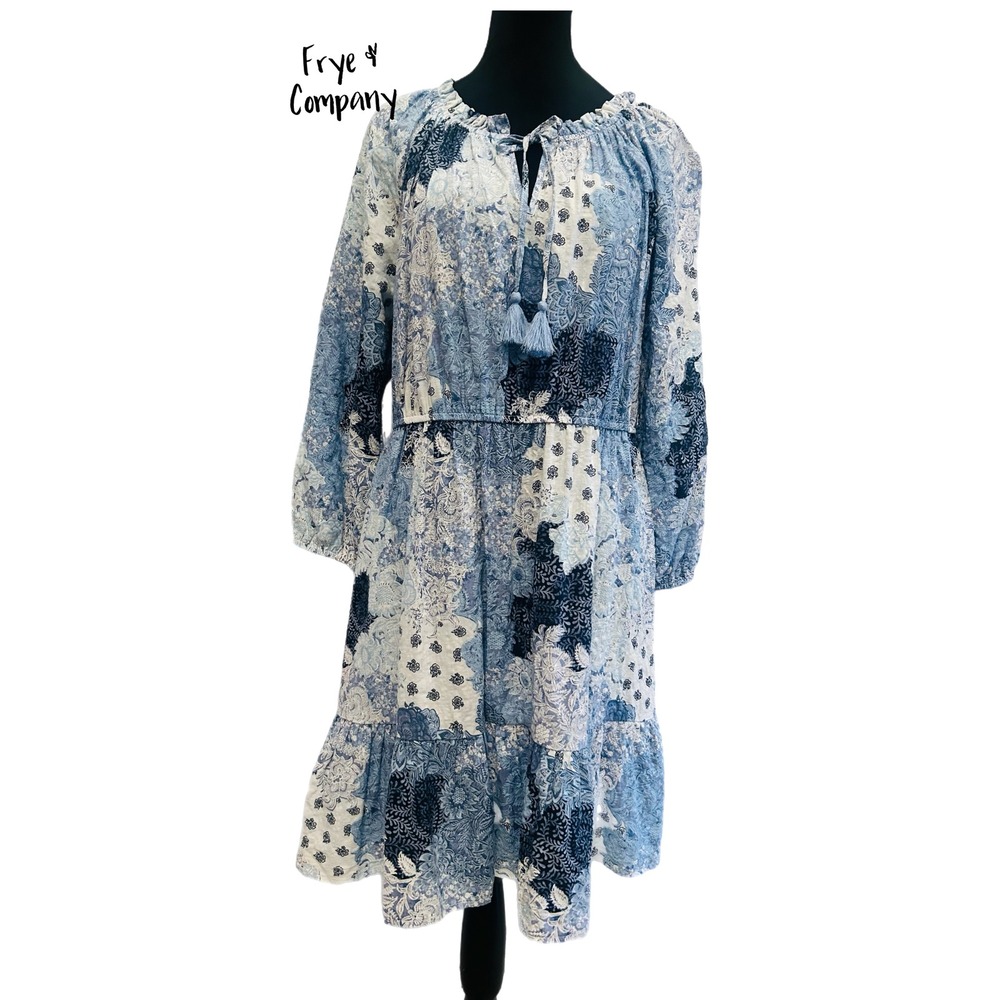 Frye & Co. Blue Floral Western Patchwork Boho Tiered Dress Tassel Tie Front L